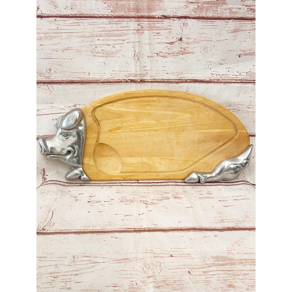 MACY’S Vintage Wood Pig Cutting Board Pewter Head Tail Charcuterie Tray 23"
